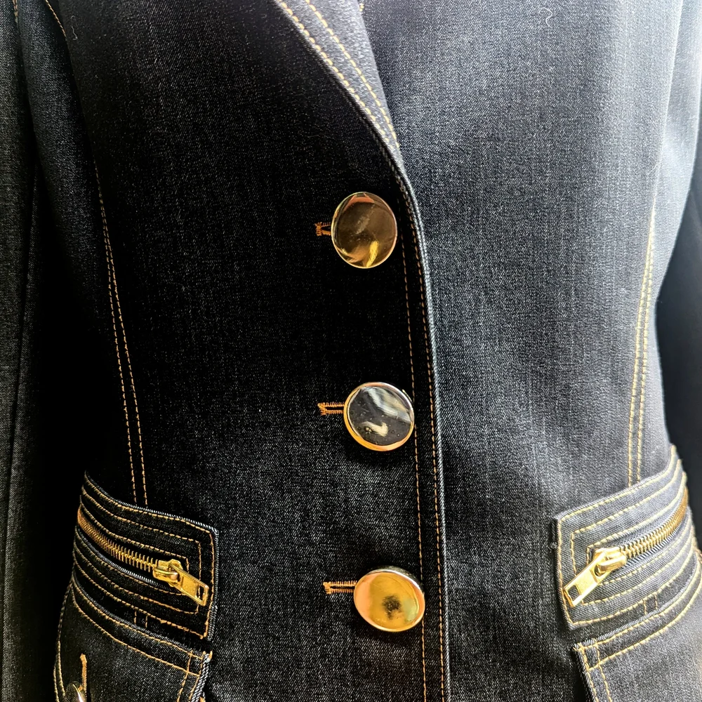 Cache' Contour Collectic Elegant Dark Blue/Gray Denim Women's Blazer - Picture 15 of 16